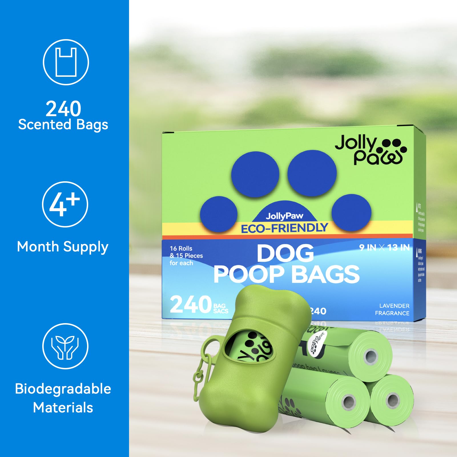 Eco-friendly JollyPaw dog poop bags: 240 scented bags, 4+ month supply, biodegradable, 9x13 inches, lavender fragrance.