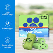 Eco-friendly JollyPaw dog poop bags: 240 scented bags, 4+ month supply, biodegradable, 9x13 inches, lavender fragrance.
