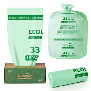 ECOlipak 33-gallon compostable trash bags in box, rolled, and tied packaging, labeled 100% compostable.