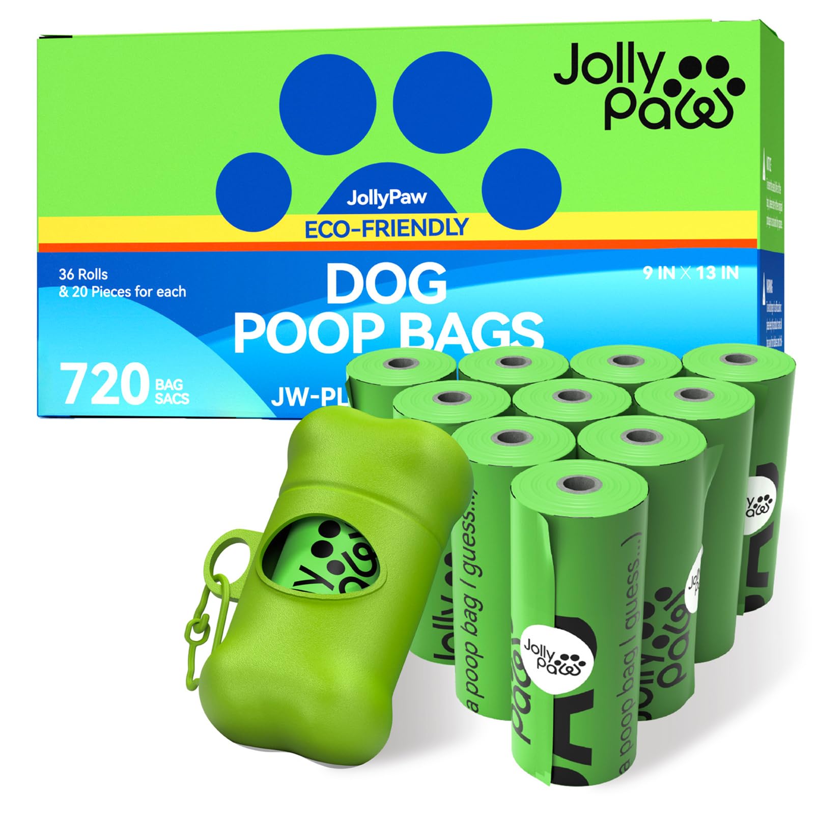 A box of JollyPaw eco-friendly dog poop bags, featuring 36 rolls with 720 bags total, alongside a green dispenser.