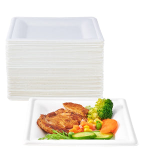 A stack of white disposable plates next to a plate of grilled chicken with mixed vegetables, including broccoli, carrots, and cucumbers.