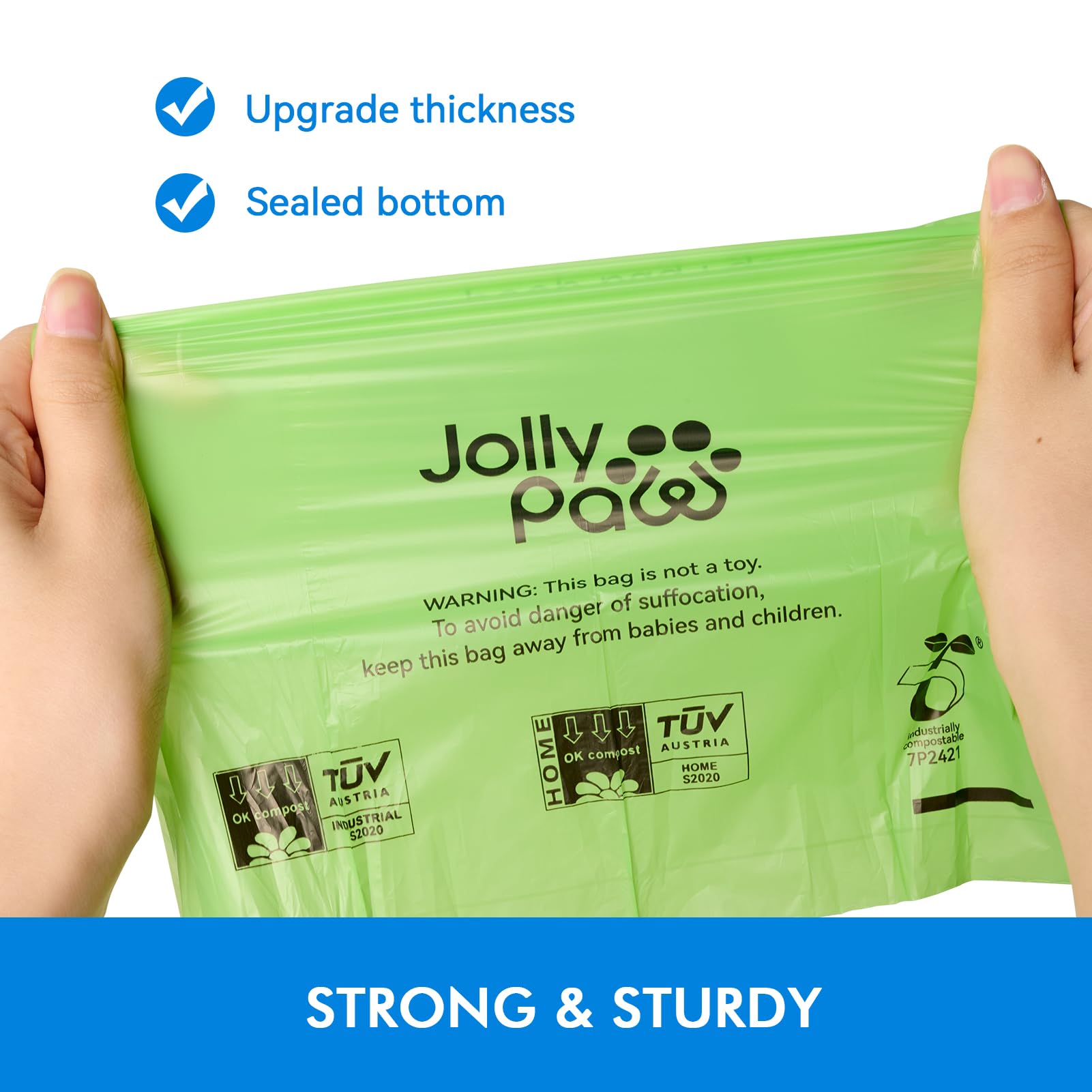 Person holding a thick, sealed green bag labeled "Jolly Paw," highlighting features like upgraded thickness and safety warnings.