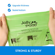 Person holding a thick, sealed green bag labeled "Jolly Paw," highlighting features like upgraded thickness and safety warnings.