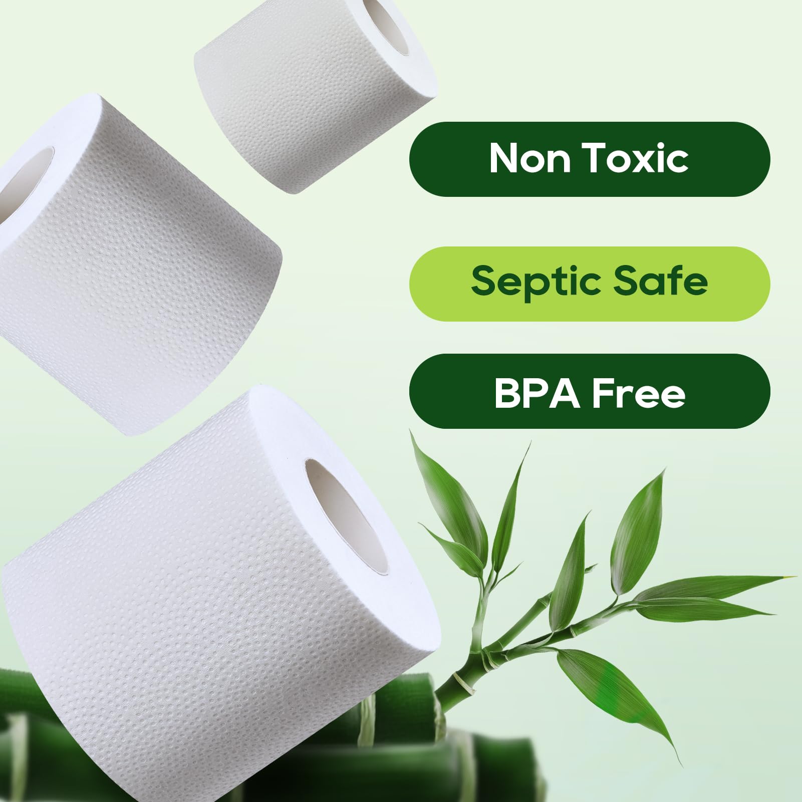 ECOLipak toilet paper rolls with labels “Non Toxic,” “Septic Safe,” and “BPA Free,” accompanied by bamboo leaves.