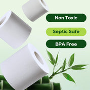 ECOLipak toilet paper rolls with labels “Non Toxic,” “Septic Safe,” and “BPA Free,” accompanied by bamboo leaves.