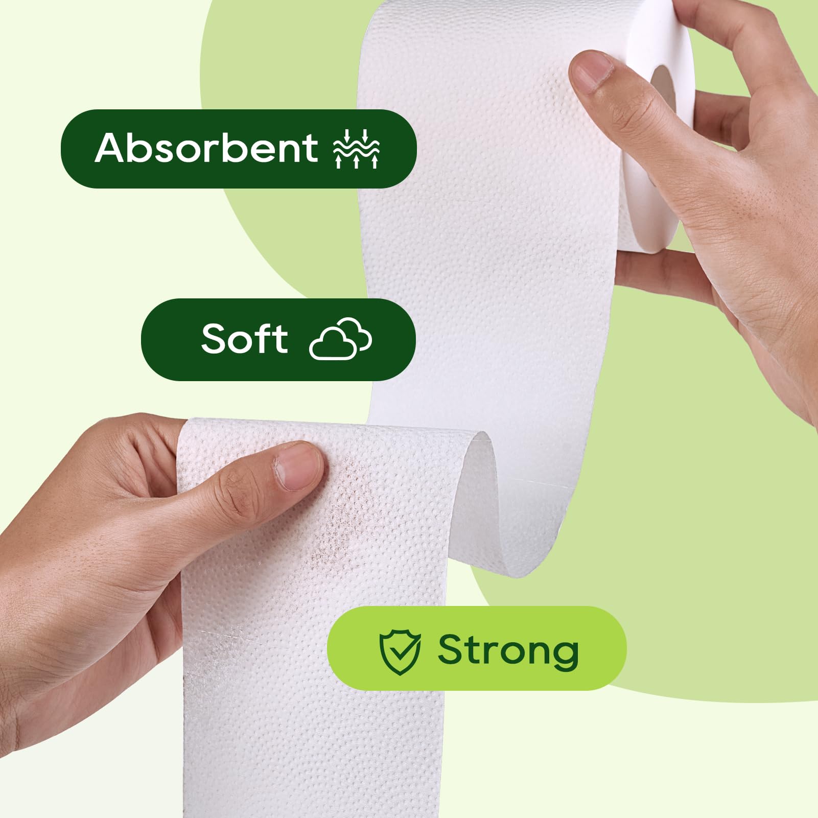 An image of ECOLipak toilet paper being held by hands, highlighting its features: Absorbent, Soft, and Strong.