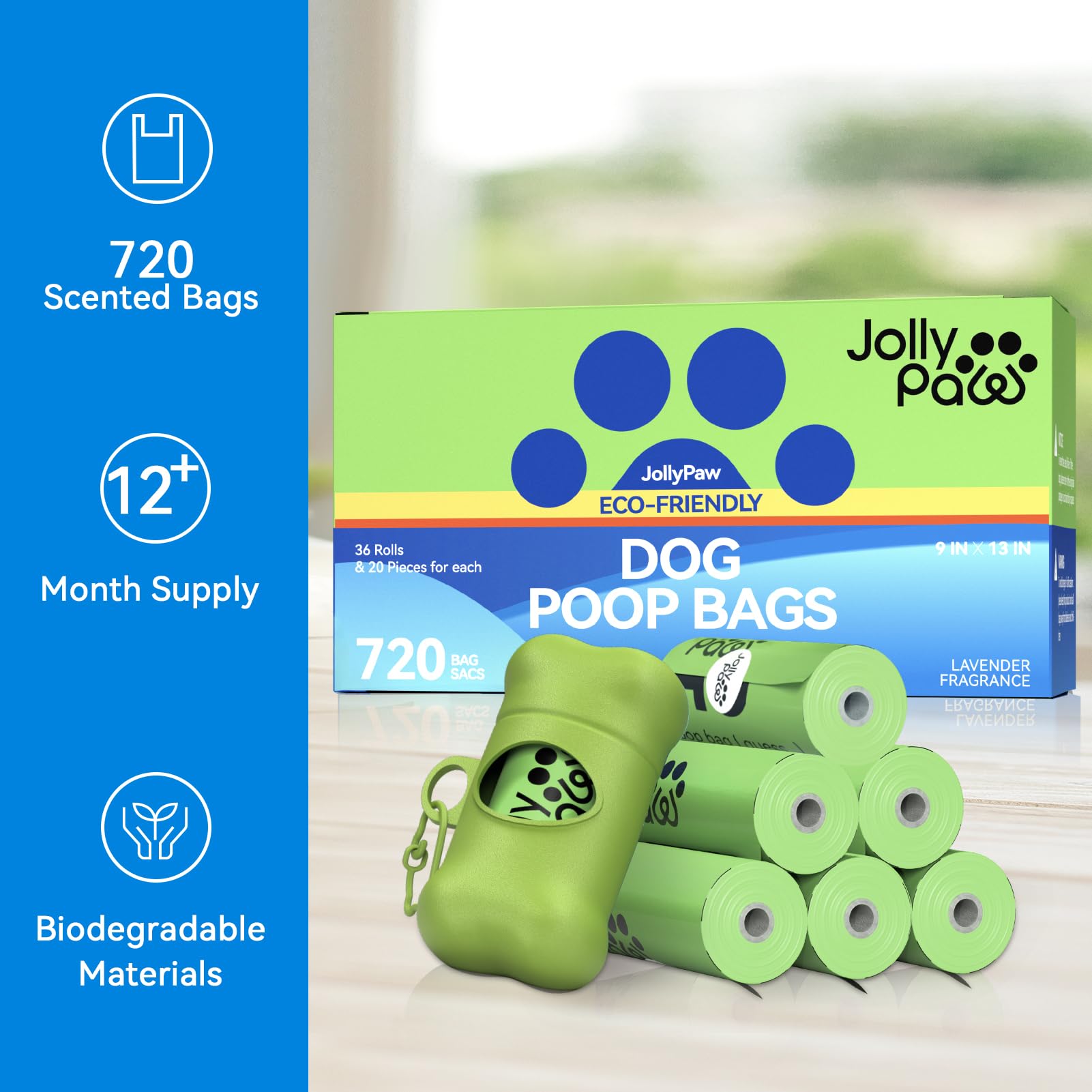 JollyPaw eco-friendly dog poop bags: 720 scented bags, biodegradable, 12+ month supply, with a lavender fragrance and a green dispenser.