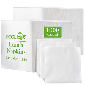 Pack of ECOLipa 2-ply lunch napkins featuring a total of 1000 count, each napkin measuring 6.5x6.5 inches, displayed in bulk.
