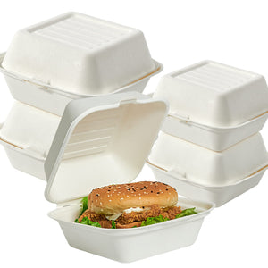 ECOLipak stack of white, disposable, compostable food containers, perfect for holding a delicious burger.