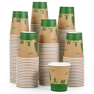 A stack of eco-friendly paper cups, featuring green artwork, showcasing their compostable design and made from 100% recyclable materials.