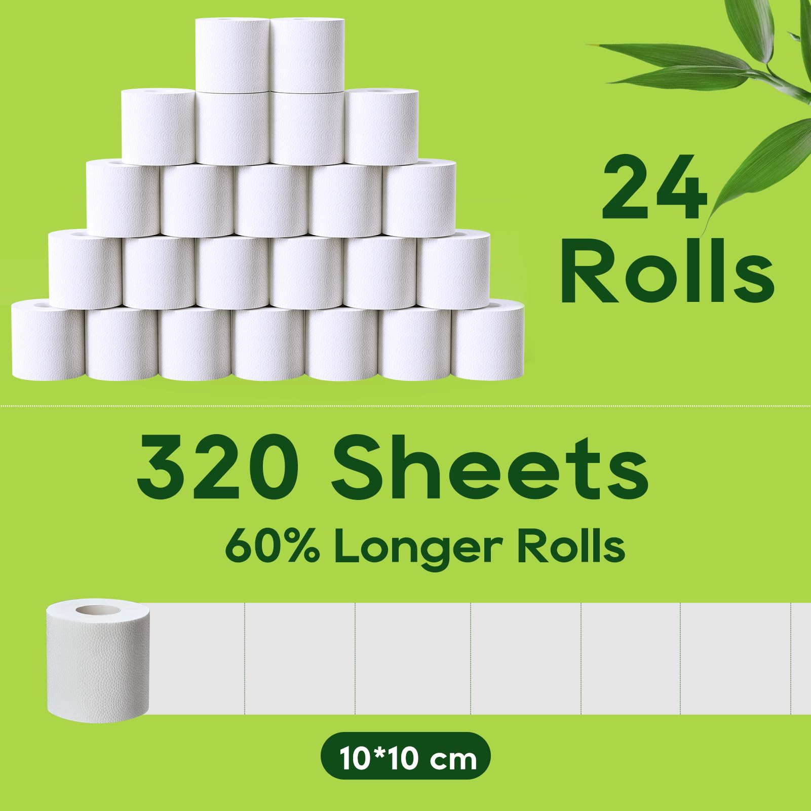 ECOLipak toilet paper display featuring 24 rolls, each with 320 sheets and labeled as 60% longer, sized 10*10 cm.