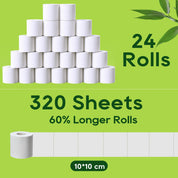 ECOLipak toilet paper display featuring 24 rolls, each with 320 sheets and labeled as 60% longer, sized 10*10 cm.