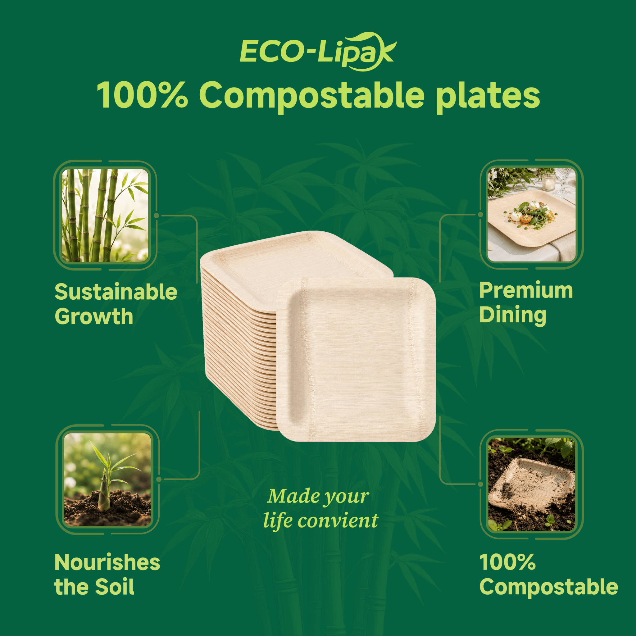 7in/10in Premium Square Organic Bamboo Plates Heavy-Duty & Fine-Grain Design | BPA-Free, Non-Toxic - ECO-Lipak