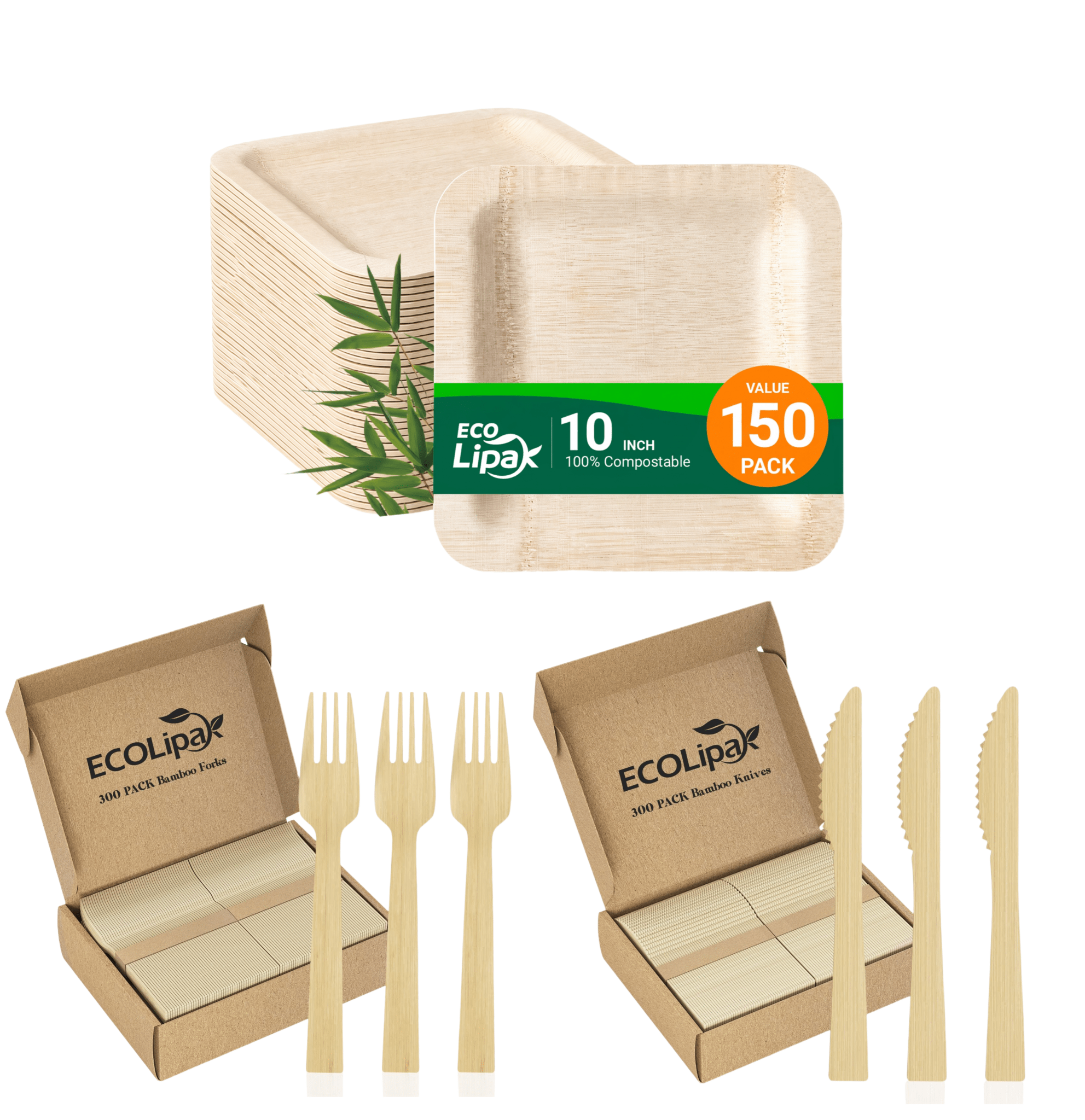 7in/10in Premium Square Organic Bamboo Plates Heavy-Duty & Fine-Grain Design | BPA-Free, Non-Toxic - ECO-Lipak
