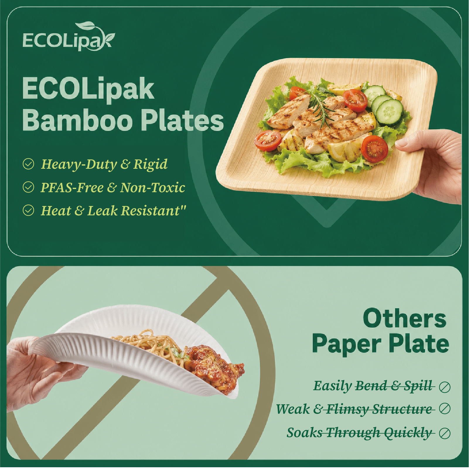 7in/10in Premium Square Organic Bamboo Plates Heavy - Duty & Fine - Grain Design | BPA - Free, Non - Toxic - ECO - Lipak