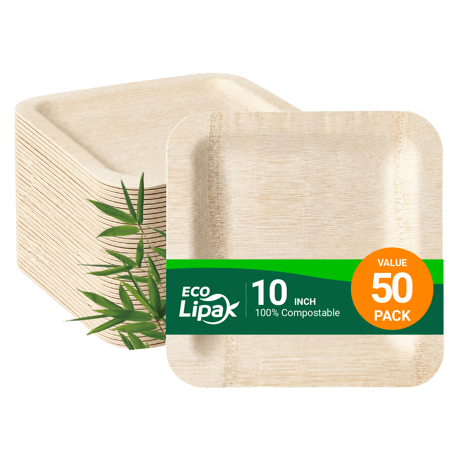 7in/10in Premium Square Organic Bamboo Plates Heavy-Duty & Fine-Grain Design | BPA-Free, Non-Toxic - ECO-Lipak