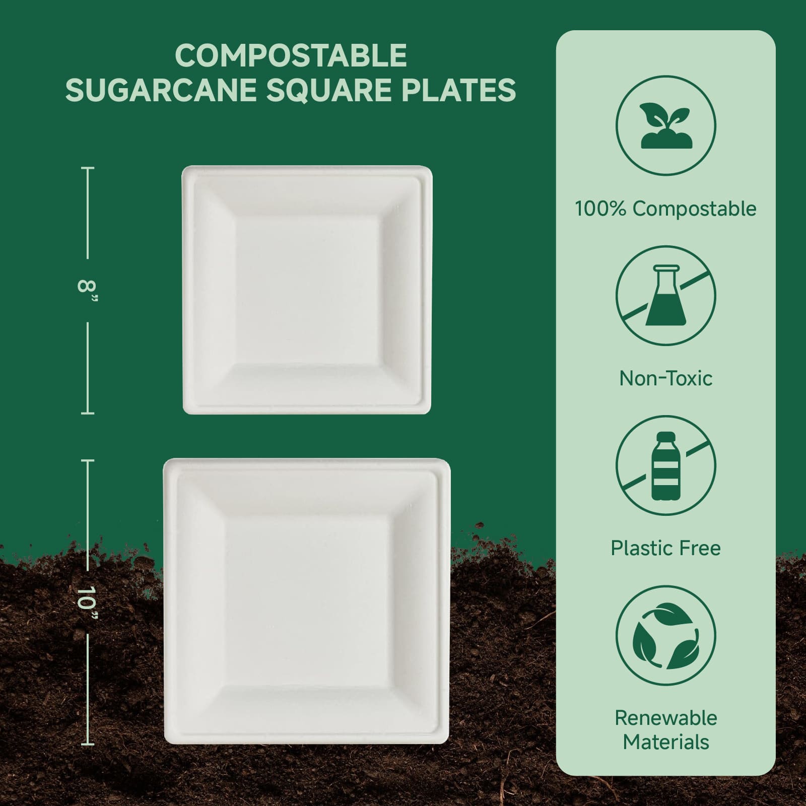 8 & 10 in Square Heat - Resistant Sugarcane Compostable Plates｜BPI Certified, BPA - Free - ECOlipak