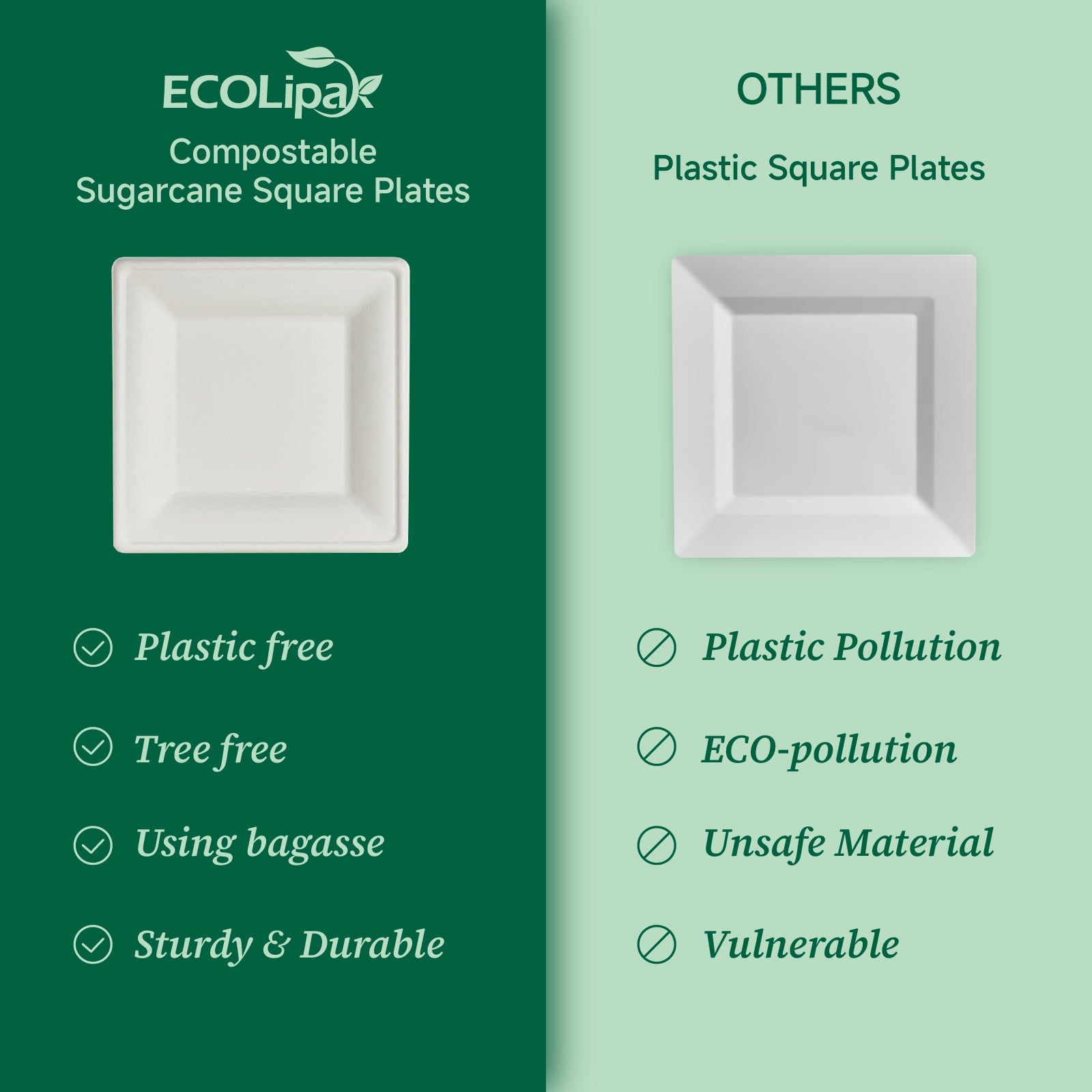 8 & 10 in Square Heat - Resistant Sugarcane Compostable Plates｜BPI Certified, BPA - Free - ECOlipak