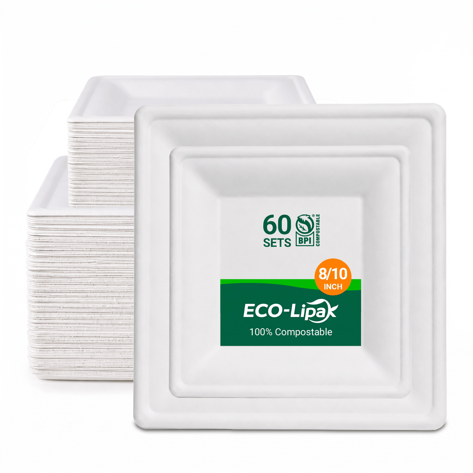 8 & 10 in Square Heat-Resistant Sugarcane Compostable Plates｜BPI Certified, PFAS-Free, BPA-Free - ECO-Lipak