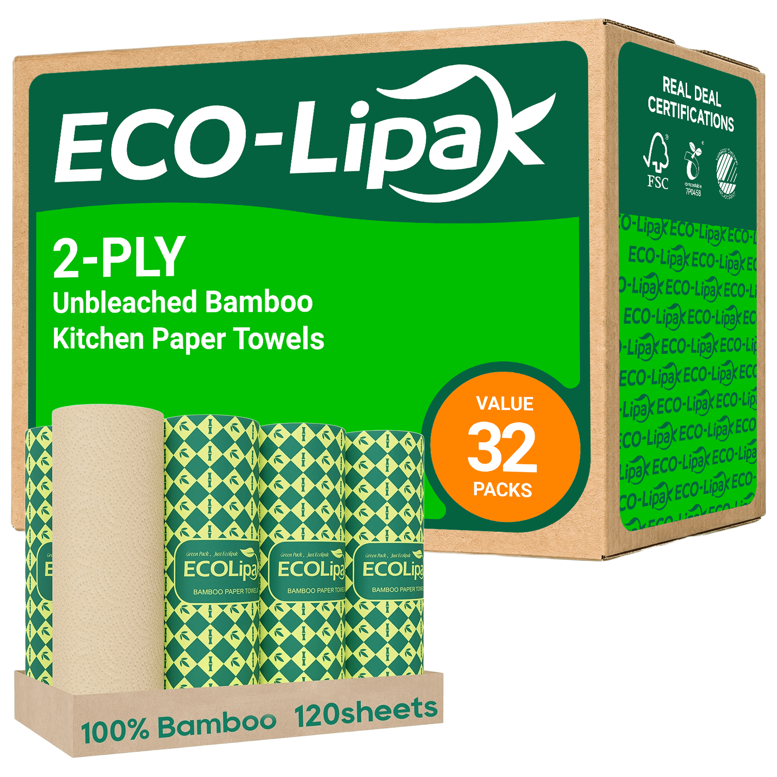 8 Rolls 2 - Ply Unbleached Bamboo Kitchen Paper Towels | Food Safe, Strong & Absorbent - ECOlipak
