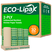 8 Rolls 2 - Ply Unbleached Bamboo Kitchen Paper Towels | Food Safe, Strong & Absorbent - ECOlipak
