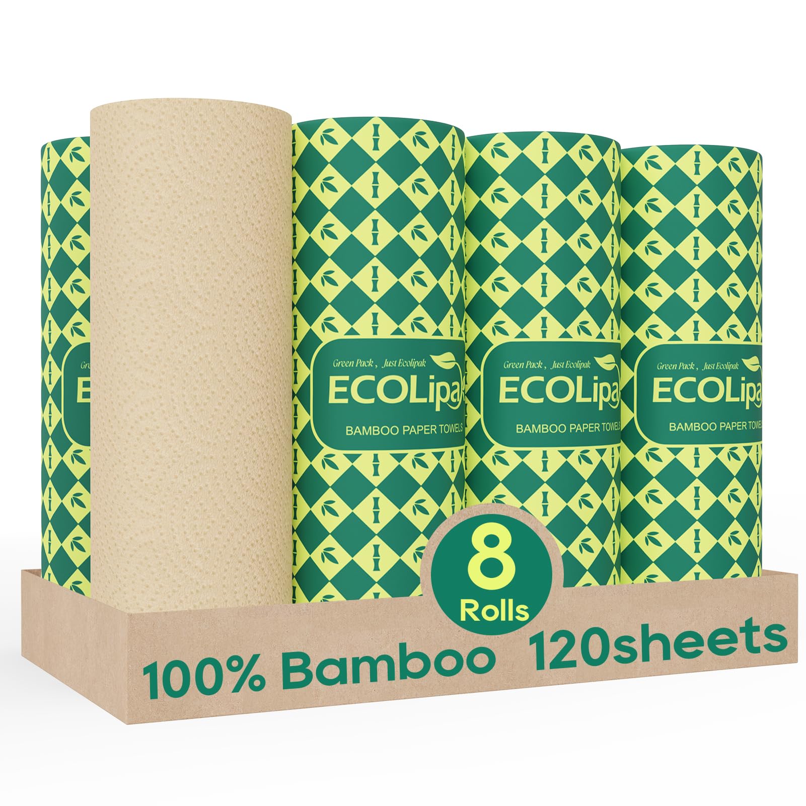 8 Rolls 2 - Ply Unbleached Bamboo Kitchen Paper Towels | Food Safe, Strong & Absorbent - ECOlipak