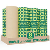 8 Rolls 2 - Ply Unbleached Bamboo Kitchen Paper Towels | Food Safe, Strong & Absorbent - ECOlipak