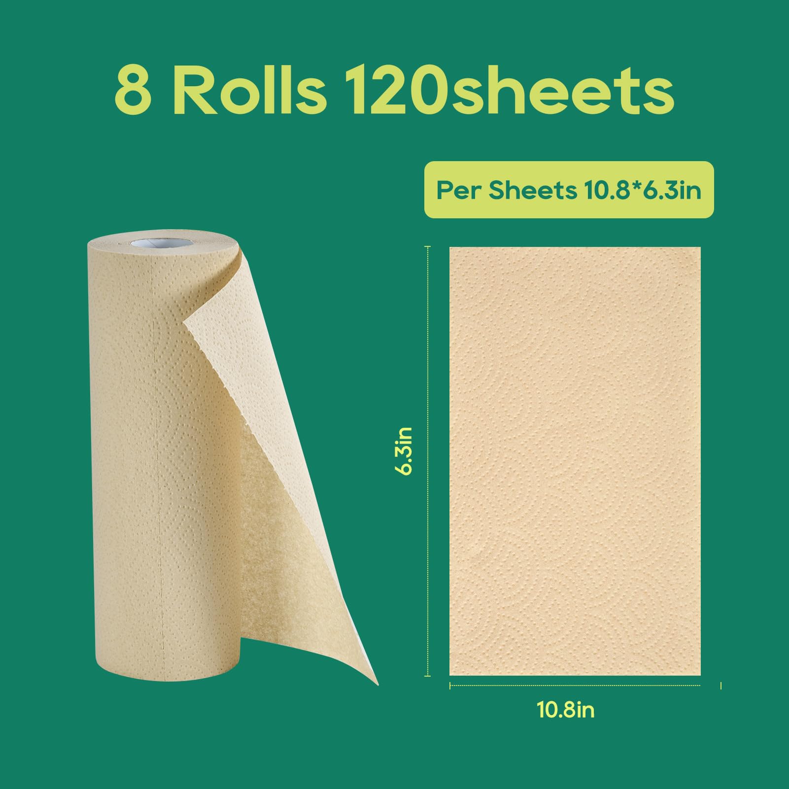8 Rolls 2 - Ply Unbleached Bamboo Kitchen Paper Towels | Food Safe, Strong & Absorbent - ECOlipak