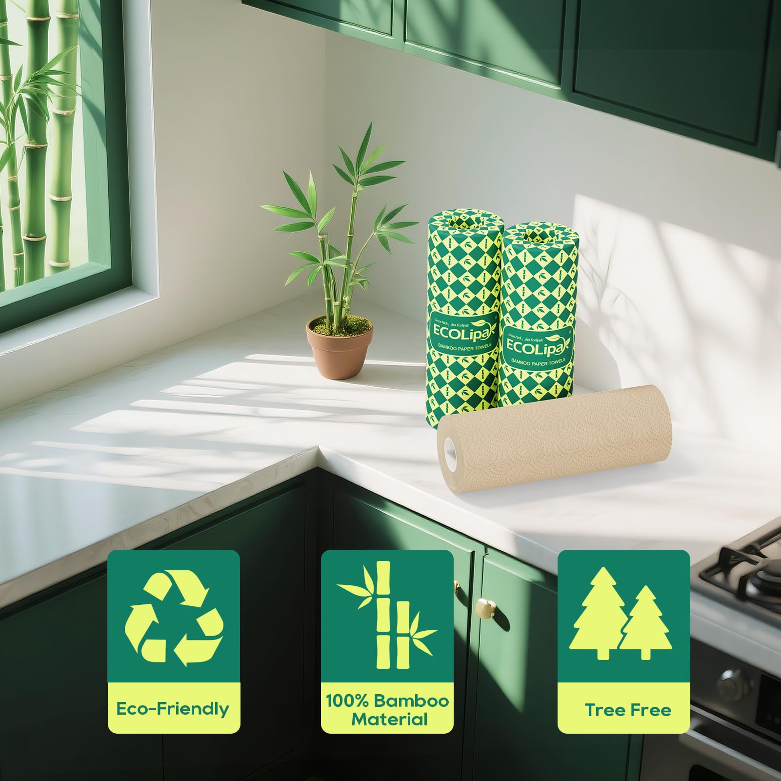 8 Rolls 2 - Ply Unbleached Bamboo Kitchen Paper Towels | Food Safe, Strong & Absorbent - ECOlipak