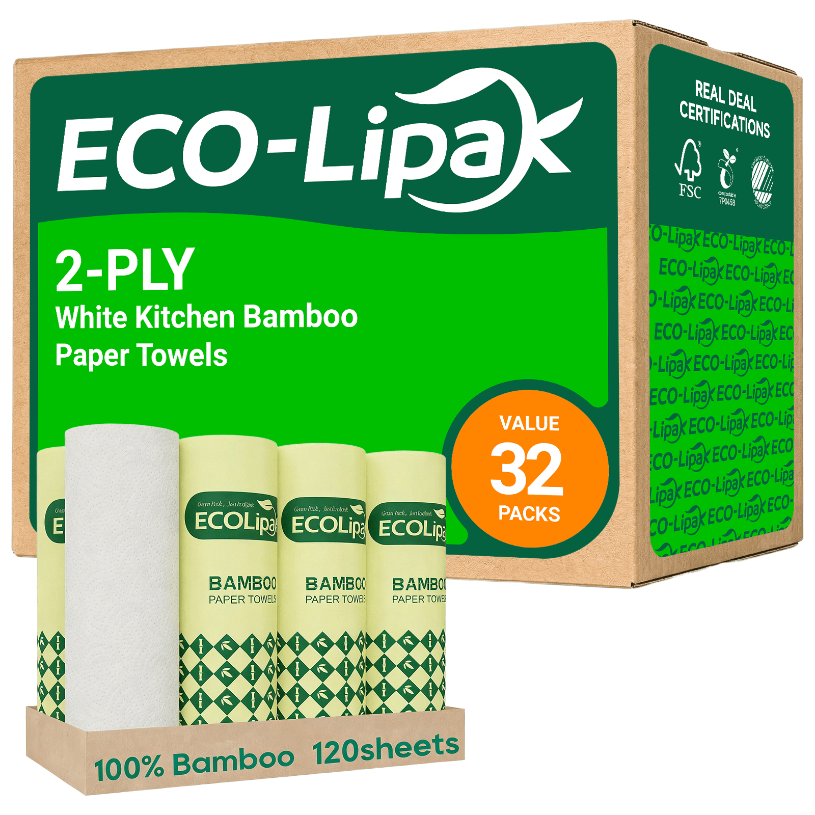 8 Rolls 2 - Ply White Kitchen Bamboo Paper Towels | Soft, Lint - Free & Food Safe - ECOlipak