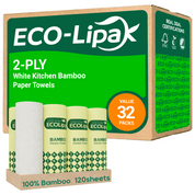 8 Rolls 2 - Ply White Kitchen Bamboo Paper Towels | Soft, Lint - Free & Food Safe - ECOlipak