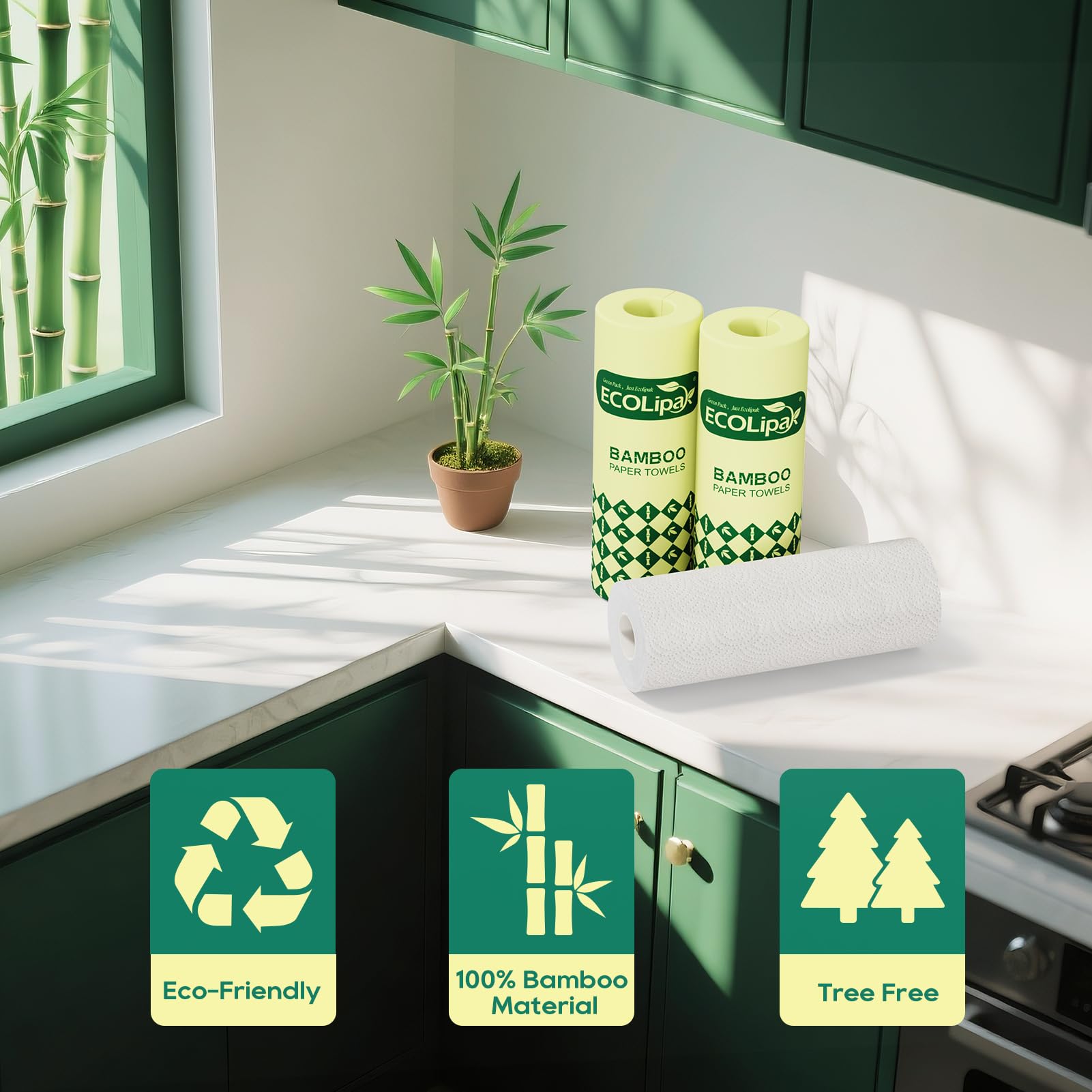 8 Rolls 2 - Ply White Kitchen Bamboo Paper Towels | Soft, Lint - Free & Food Safe - ECOlipak