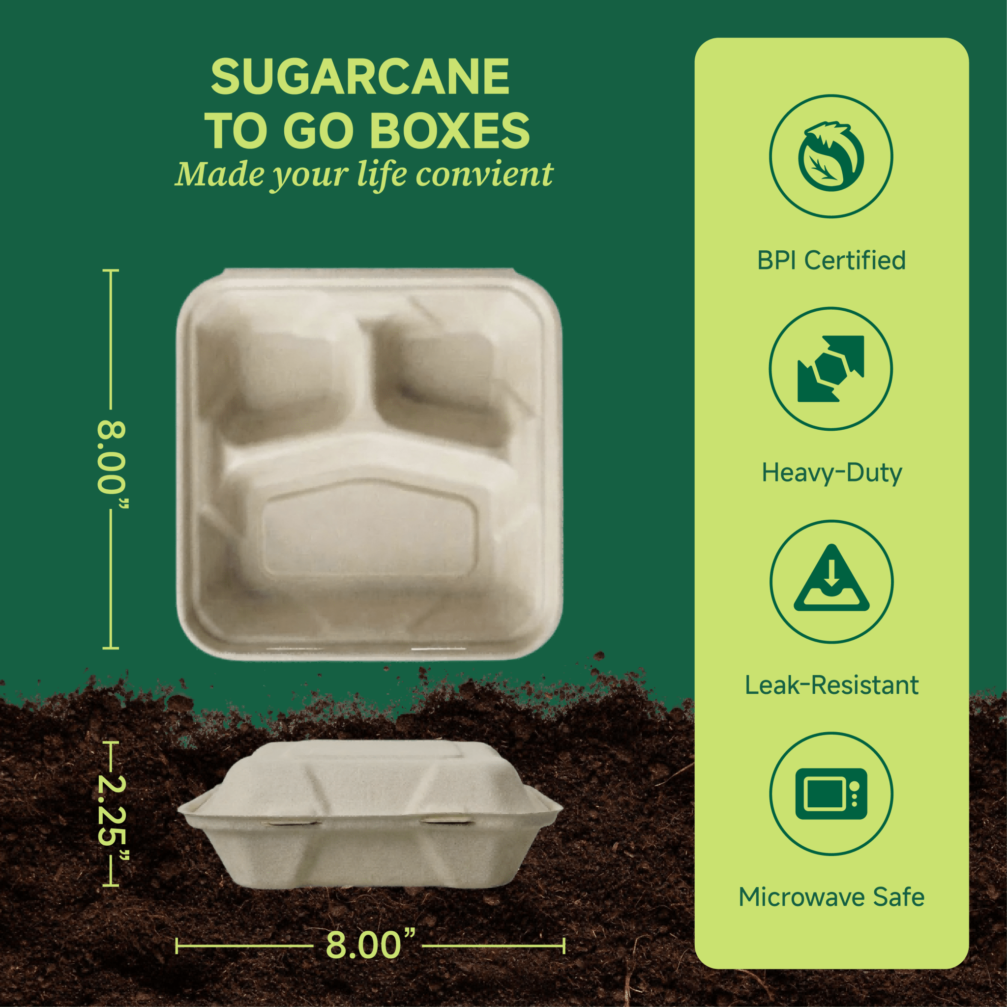 8 x 8 in Clamshell Heavy - Duty Leak - Resistant Sugarcane To Go Boxes｜BPA - Free, Toxin - Free - ECO - Lipak