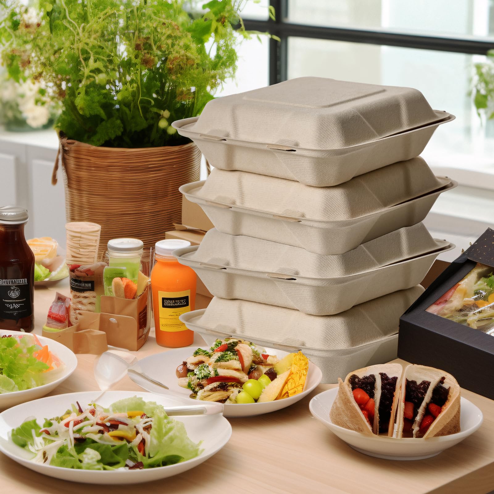 8 x 8 in Clamshell Heavy - Duty Leak - Resistant Sugarcane To Go Boxes｜BPA - Free, Toxin - Free - ECOlipak