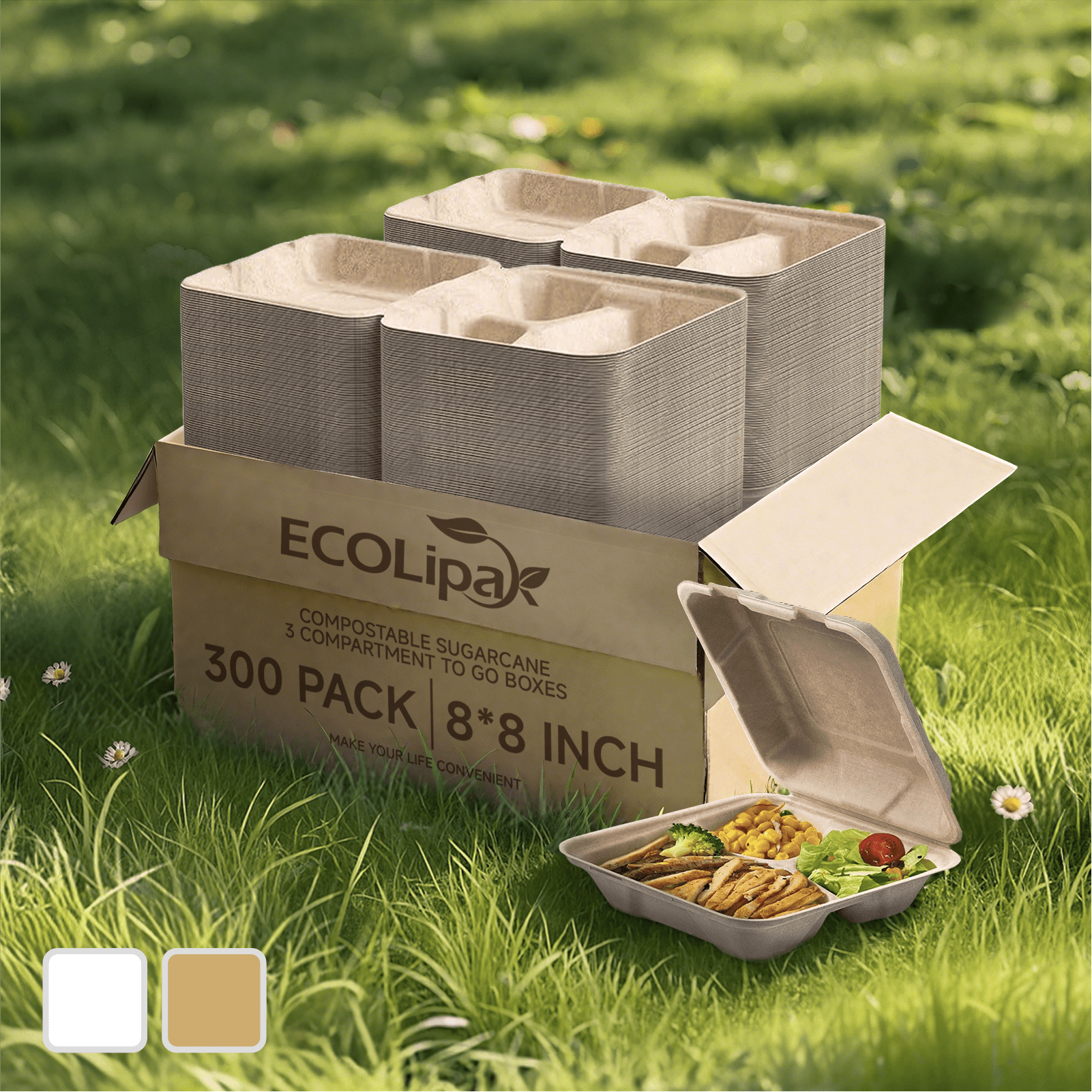 8 x 8 in Clamshell Heavy - Duty Leak - Resistant Sugarcane To Go Boxes｜BPA - Free, Toxin - Free - ECOlipak