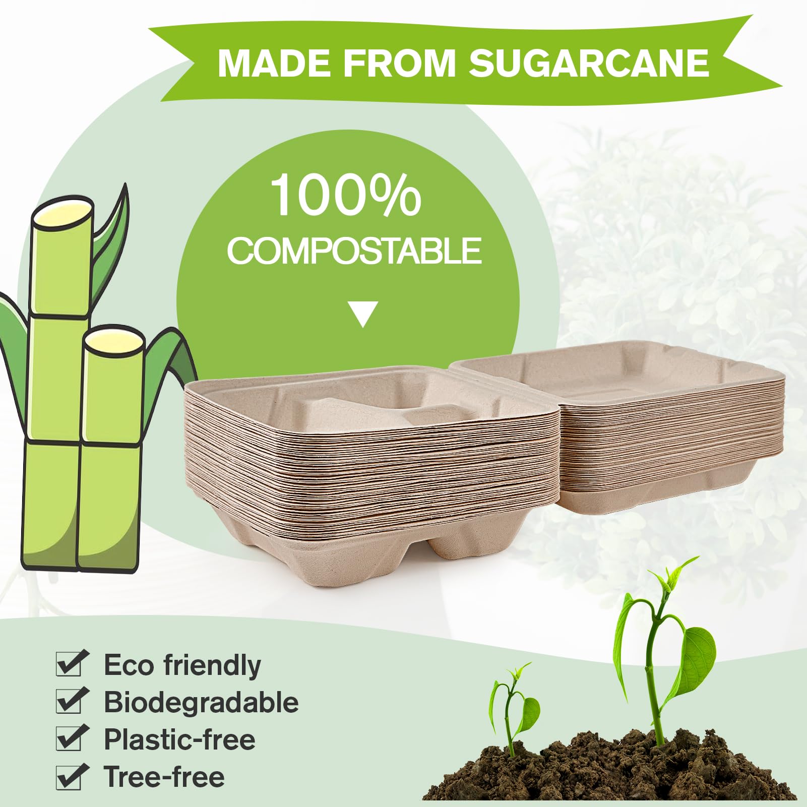 8 x 8 in Clamshell Heavy - Duty Leak - Resistant Sugarcane To Go Boxes｜BPA - Free, Toxin - Free - ECOlipak