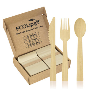EcoLipa 300-pack bamboo cutlery set with 100 knives, forks, and spoons in a cardboard box, promoting sustainable dining.