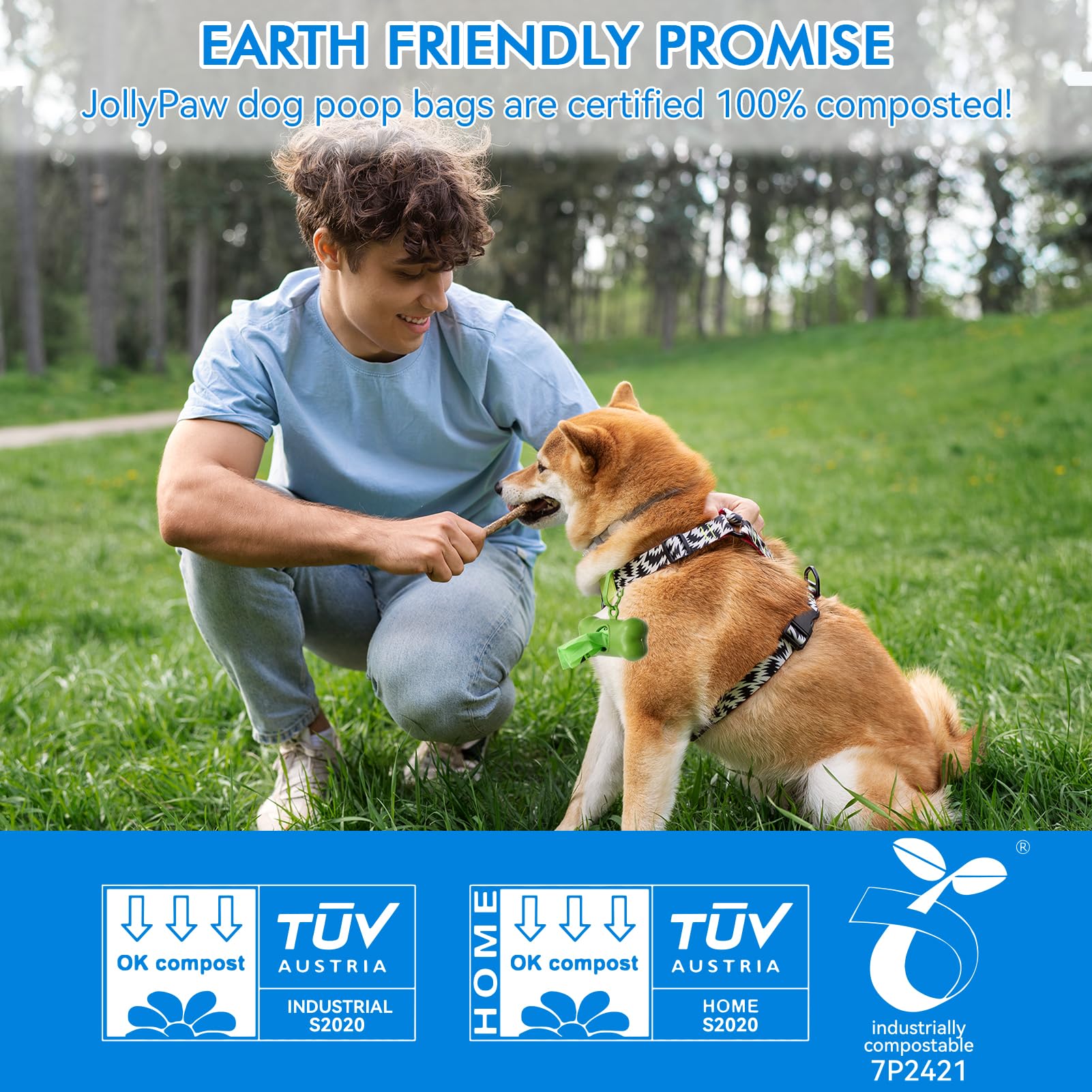A person kneels beside a Shiba Inu in a grassy park, promoting eco-friendly JollyPaw dog poop bags with compost certification logos.