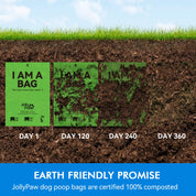 Image showing JollyPaw dog poop bags decomposing underground over 360 days, emphasizing their 100% compostable nature.