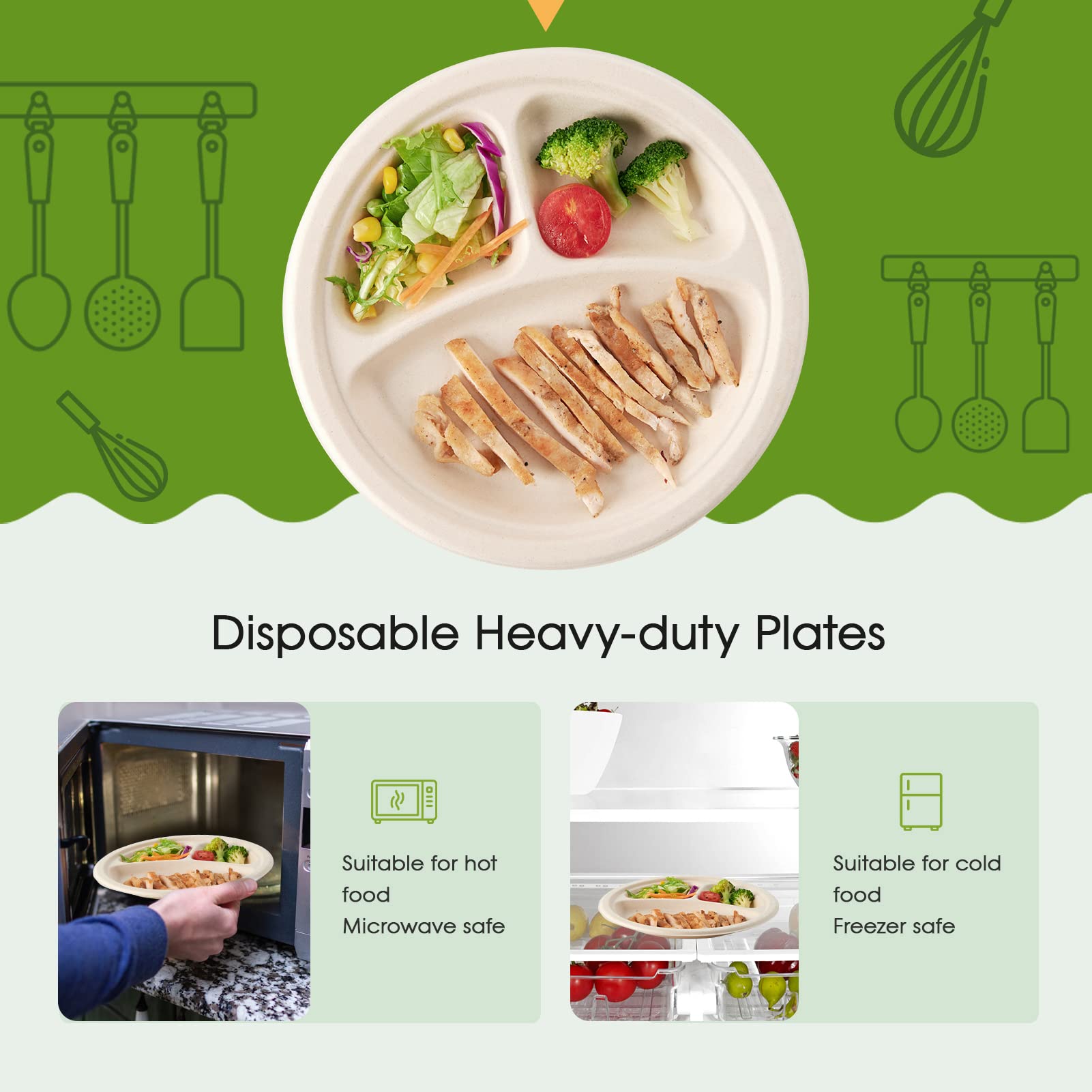 9 in / 10 in Round Heavy - Duty Compostable 3 Compartment Plates｜BPI Certified, BPA - Free - ECOlipak