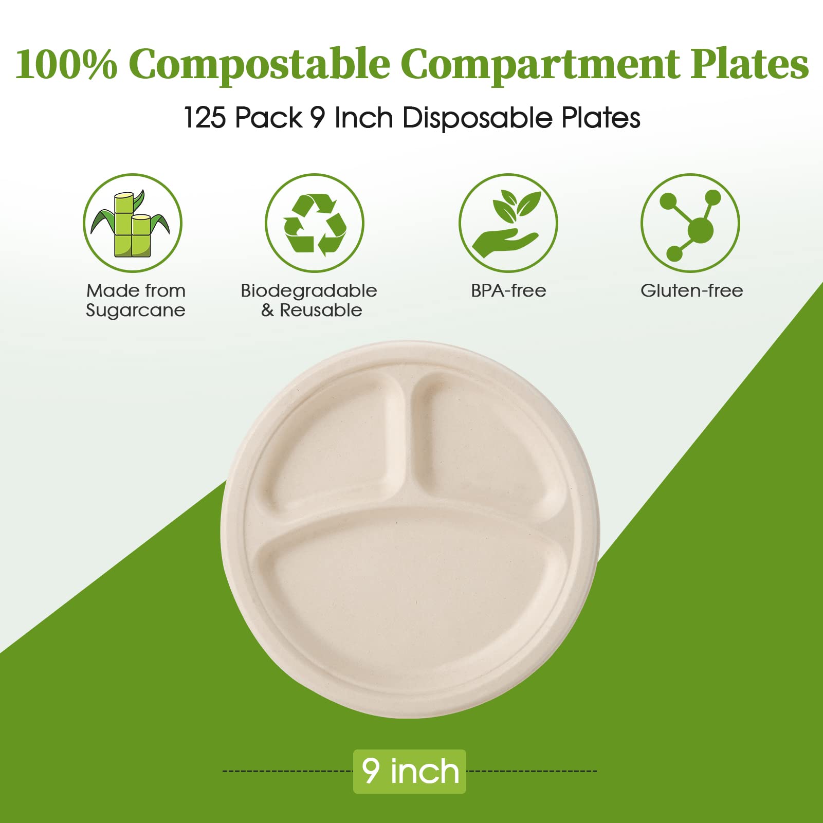 9 in / 10 in Round Heavy - Duty Compostable 3 Compartment Plates｜BPI Certified, BPA - Free - ECOlipak
