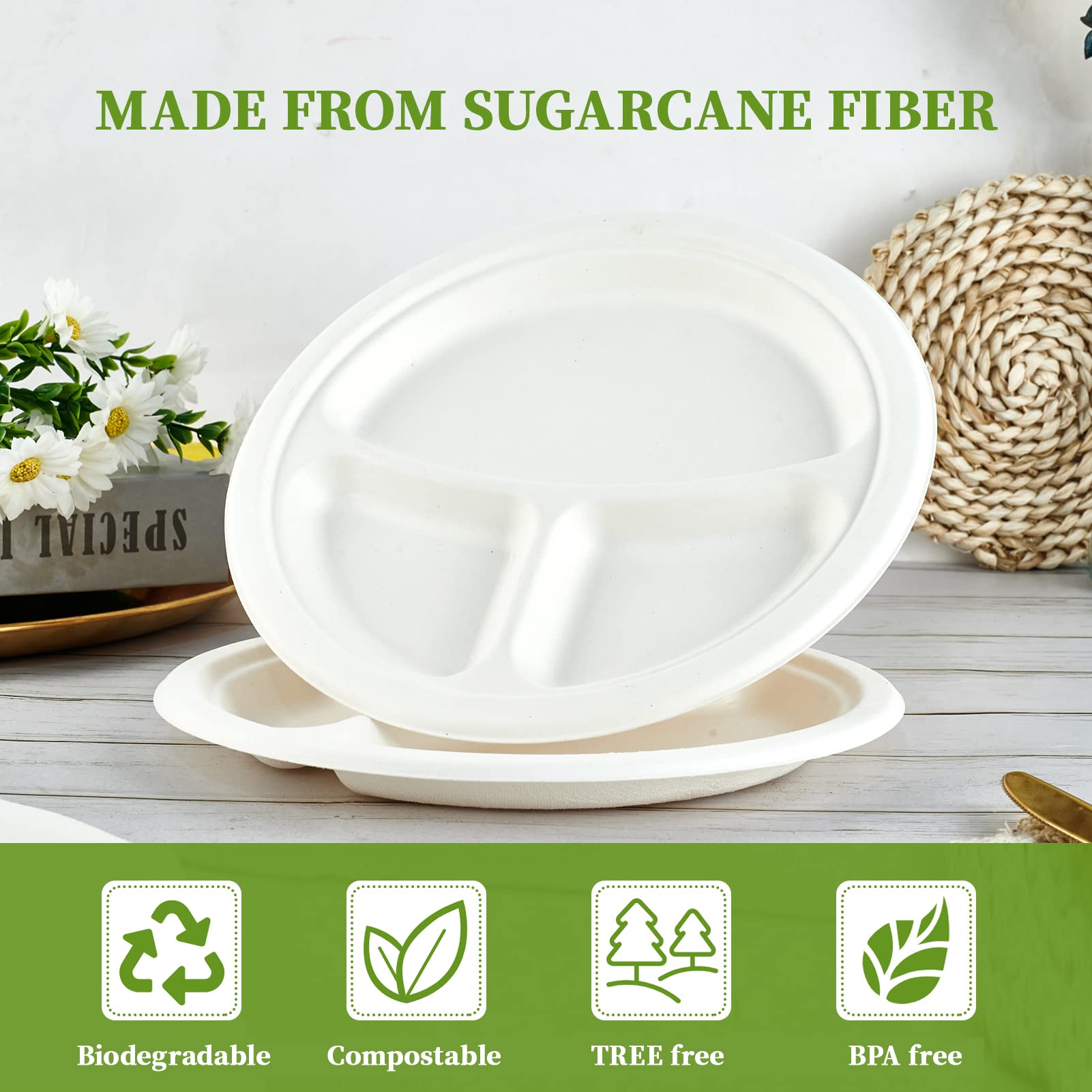 9 in / 10 in Round Heavy - Duty Compostable 3 Compartment Plates｜BPI Certified, BPA - Free - ECOlipak