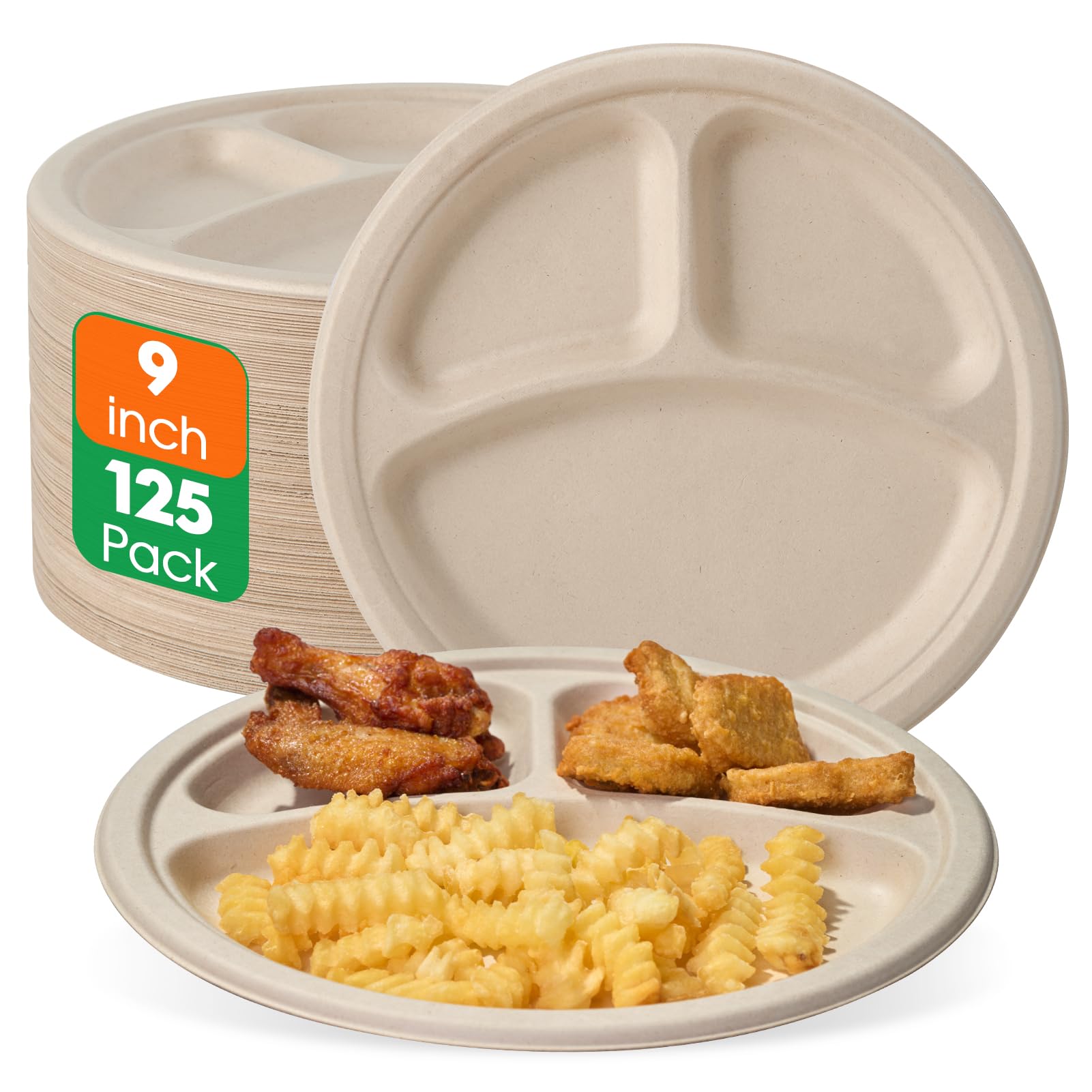  10 in Round Heavy - Duty Compostable 3 Compartment Plates｜BPI Certified, BPA - Free - ECOlipak