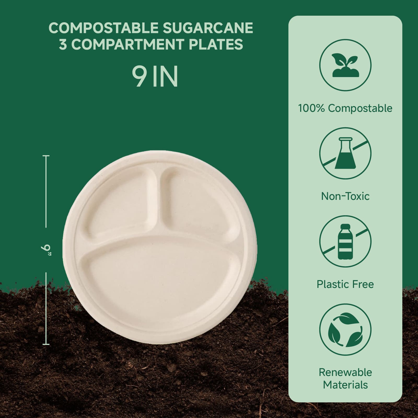  10 in Round Heavy - Duty Compostable 3 Compartment Plates｜BPI Certified, BPA - Free - ECOlipak