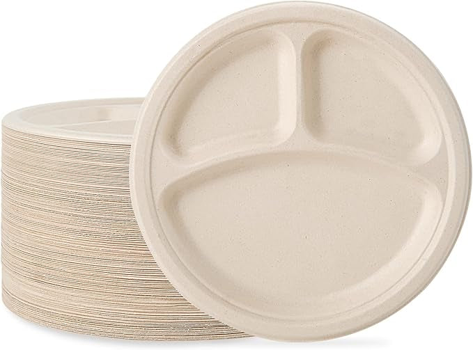9 in / 10 in Round Heavy - Duty Compostable 3 Compartment Plates｜BPI Certified, BPA - Free - ECOlipak