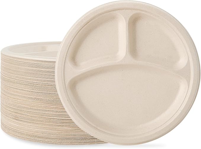  10 in Round Heavy - Duty Compostable 3 Compartment Plates｜BPI Certified, BPA - Free - ECOlipak
