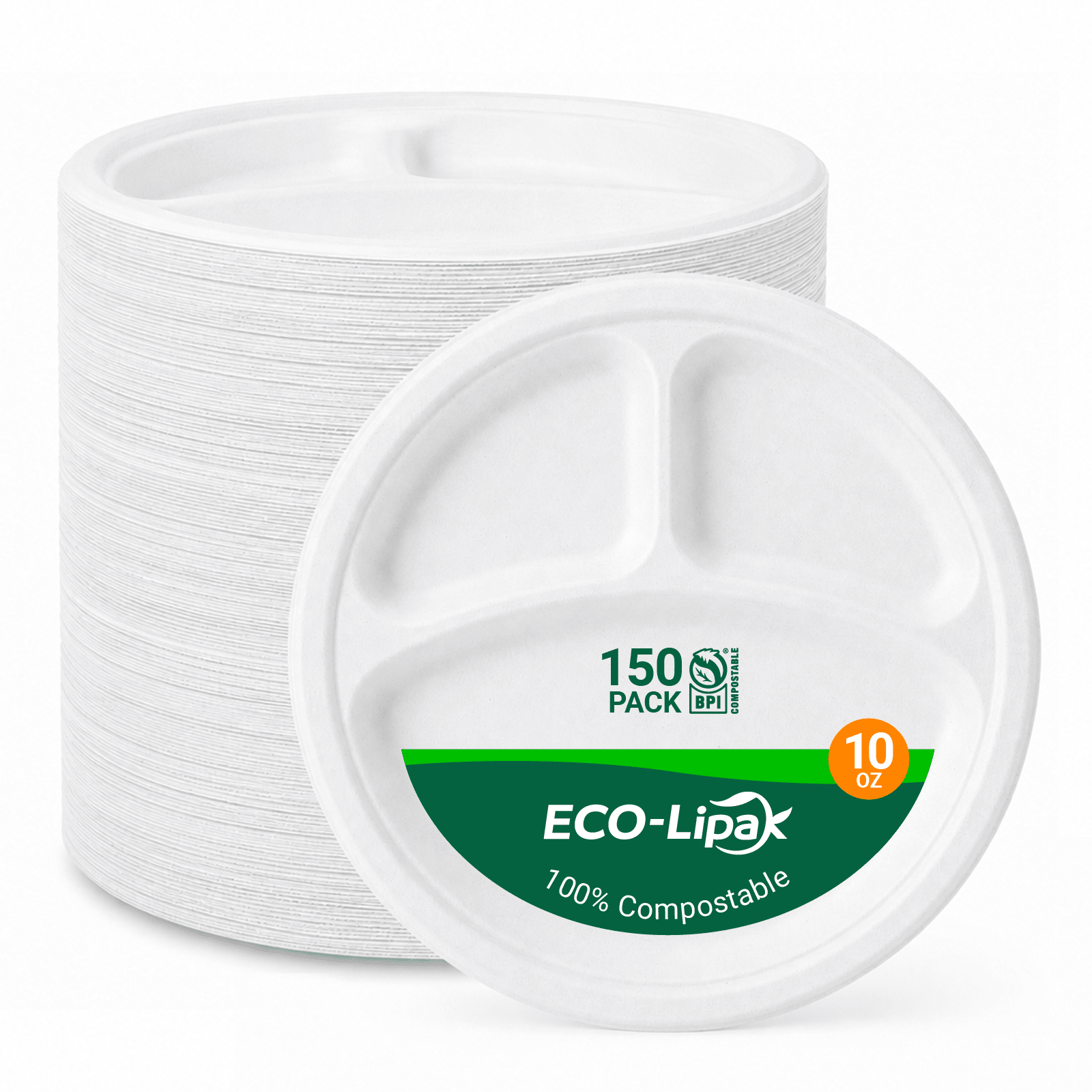  10 in Round Heavy-Duty Compostable 3 Compartment Plates｜BPI Certified, PFAS-Free, BPA-Free - ECO-Lipak