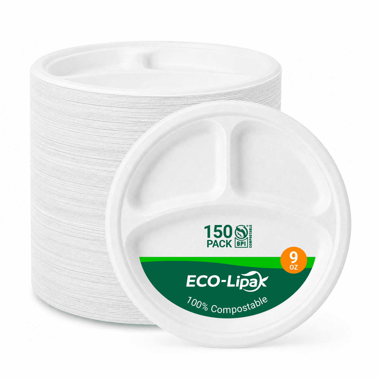  10 in Round Heavy-Duty Compostable 3 Compartment Plates｜BPI Certified, PFAS-Free, BPA-Free - ECO-Lipak