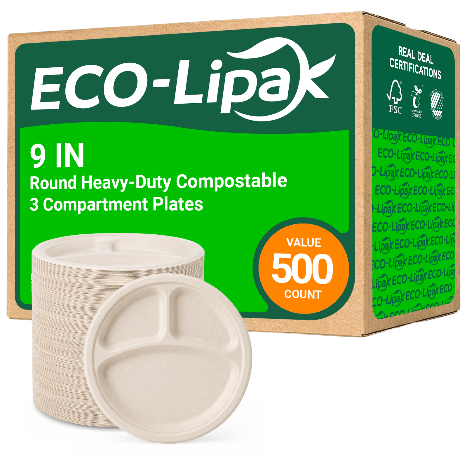  10 in Round Heavy-Duty Compostable 3 Compartment Plates｜BPI Certified, PFAS-Free, BPA-Free - ECO-Lipak