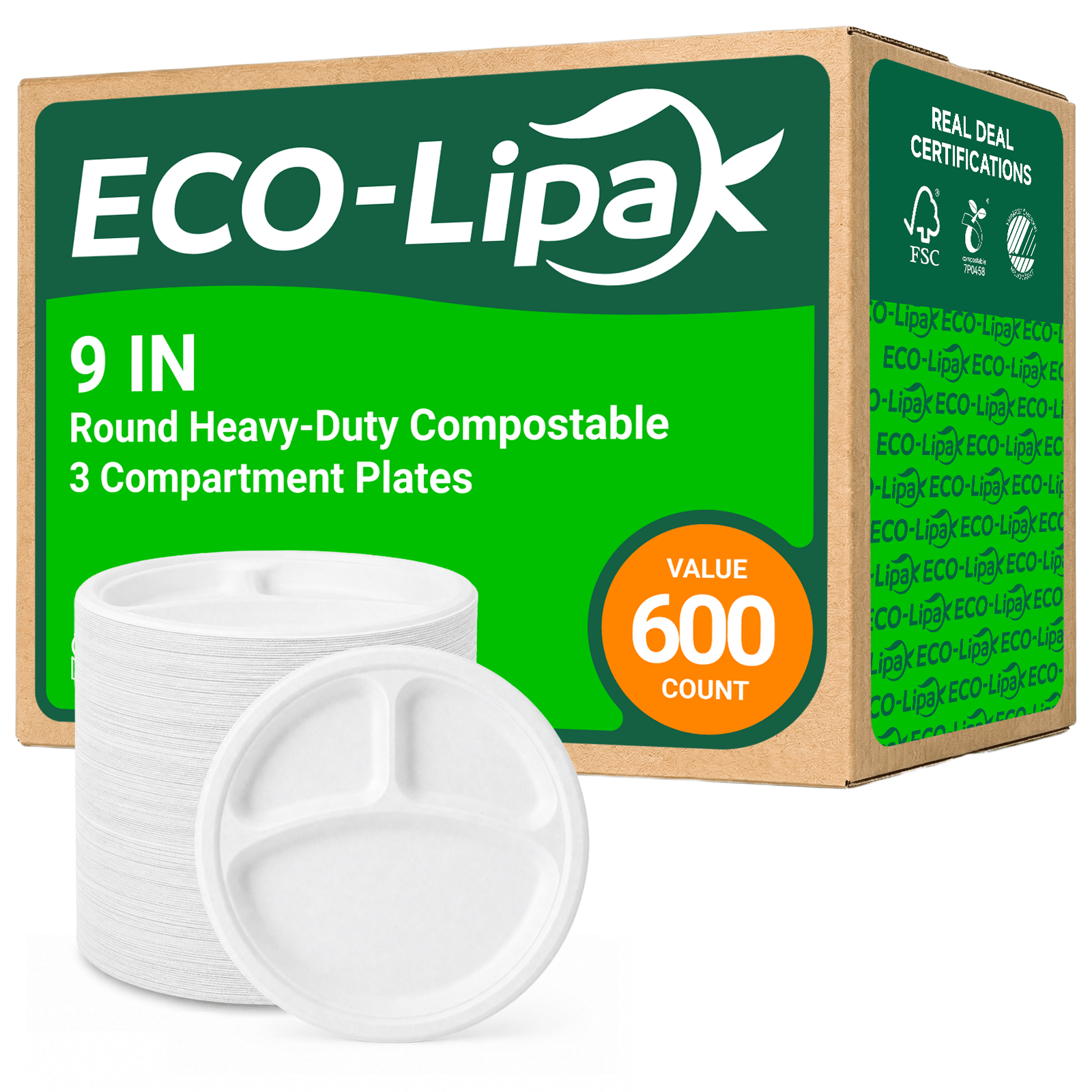 9 in / 10 in Round Heavy-Duty Compostable 3 Compartment Plates｜BPI Certified, PFAS-Free, BPA-Free - ECO-Lipak